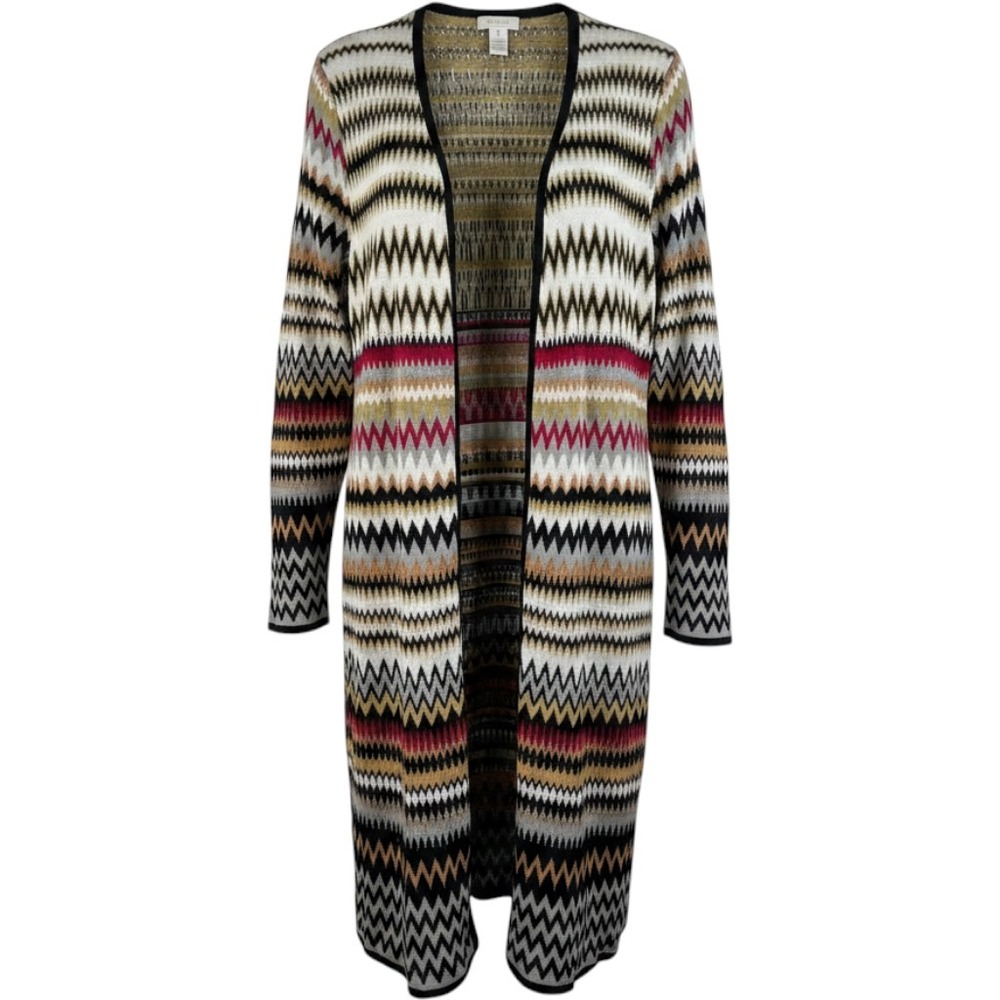 Chicos Multi Color Chevron Longline Cardigan Duster Open Front Knit Sweater Sz 1